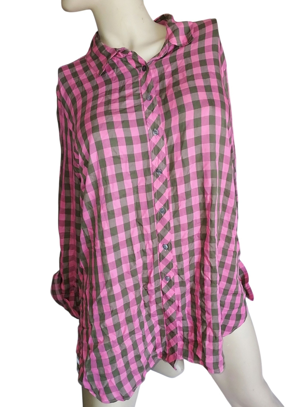 Talbots pink & green plaid Checkered long sleeve button-down Rayon blouse XL